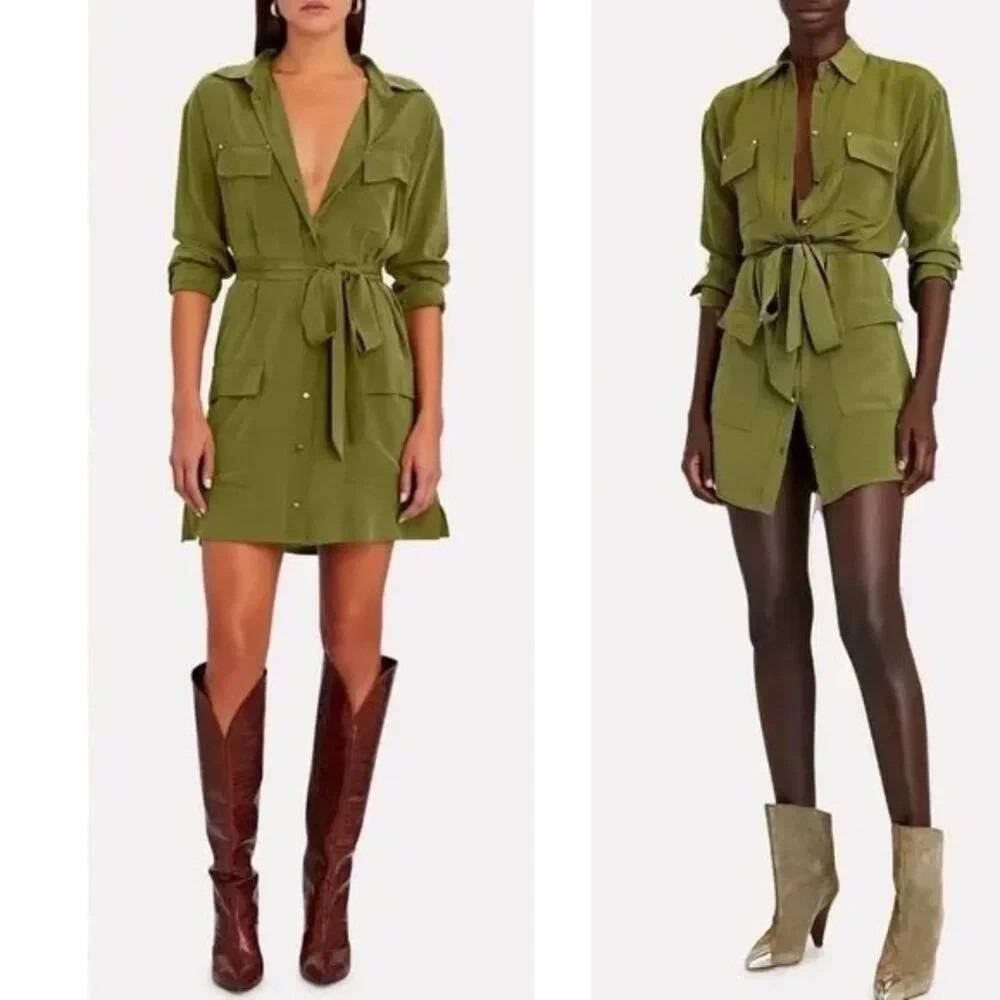 INTERMIX Julianna Washable Silk Shirt Dress W/Tie Olive/Army Green, Size 0